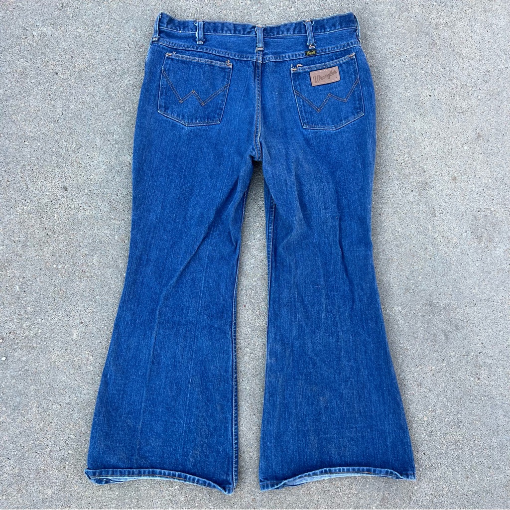 Vintage 60s 70s Wrangler Bell Flare Blue Jeans Horizontal Tag Scovill Zip 36x30